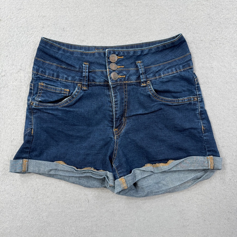 Ibiza Denim Shorts Women's 9 Dark Blue High Rise Push Up Cuffed Hem Summer Y2K